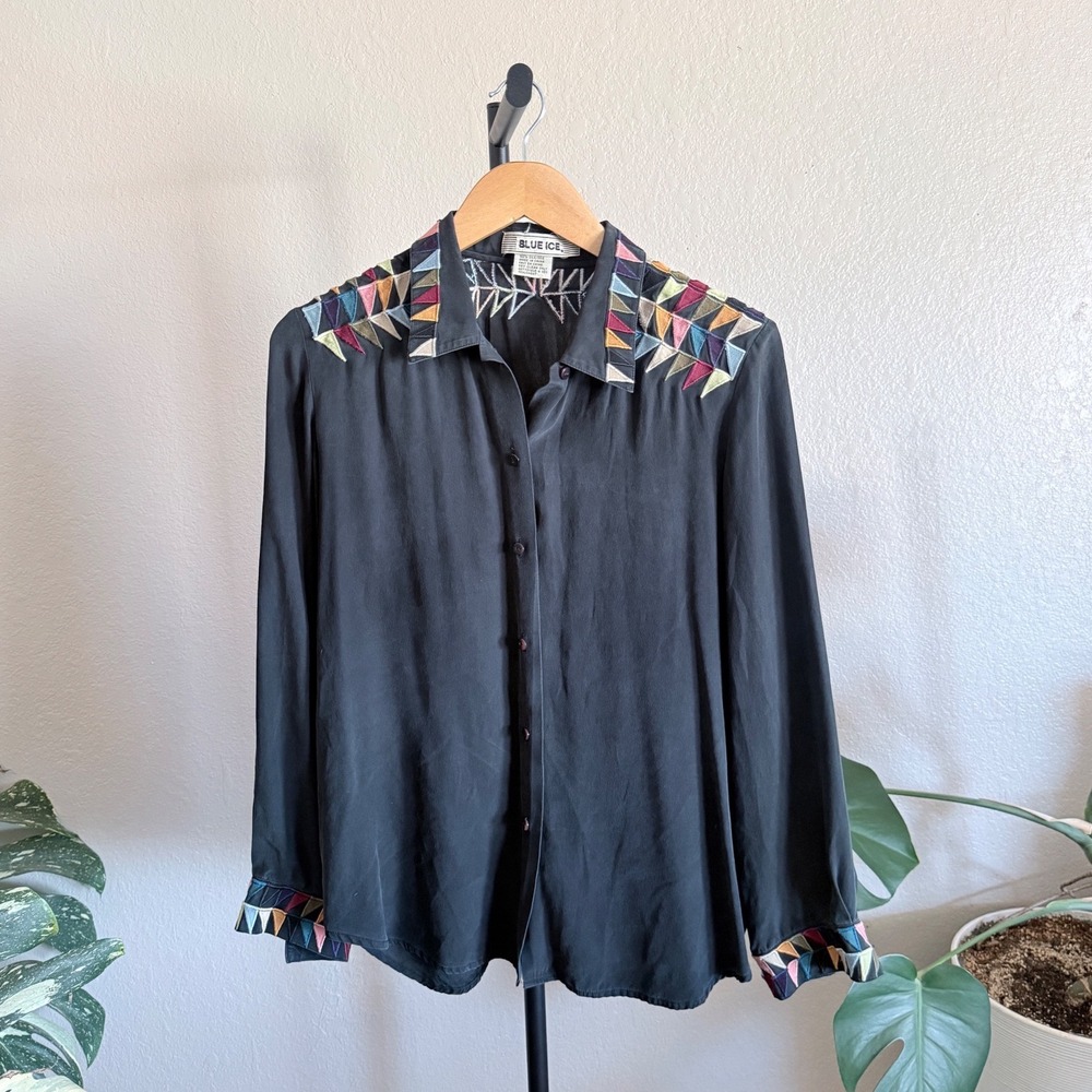 Blue Ice Vintage 100% Silk Black Button Up Blouse Embroidered Triangles Size L
